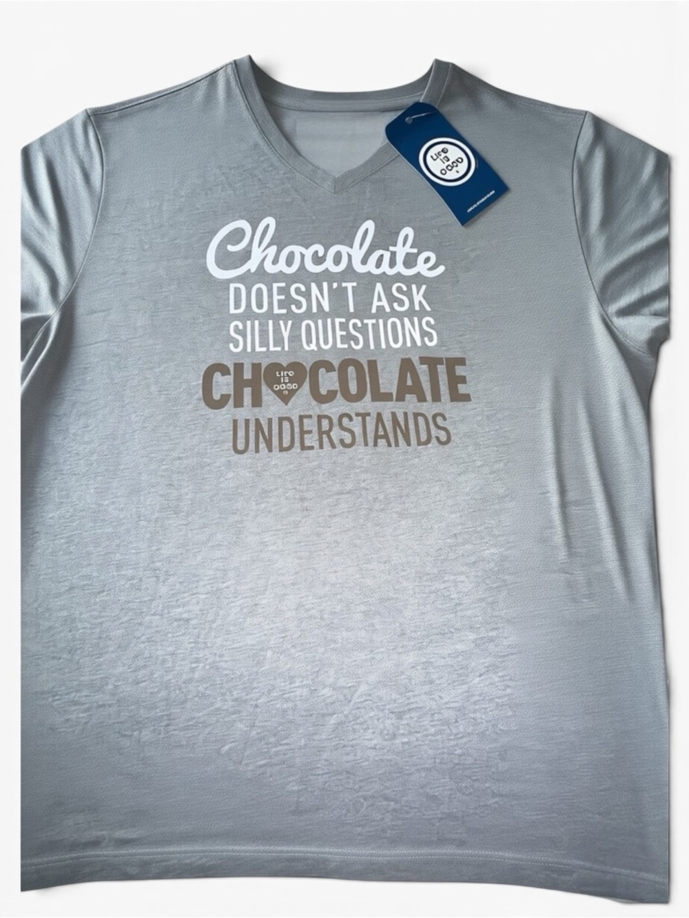 NWT Women XL Lng Slv Crusher Tee Shirt Life is Good Chocolate Questions V-Neck